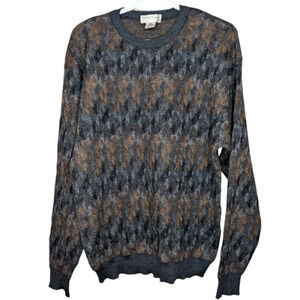 Vintage Knit Wool Crew Neck Grey & Brown Patterned Sweater Mens Large Grandpa